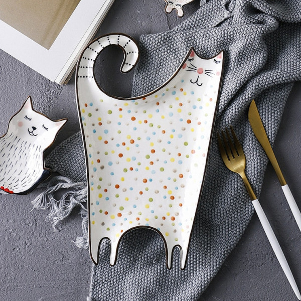 Dotty Cat ceramic plate, 10.55x6.57 in